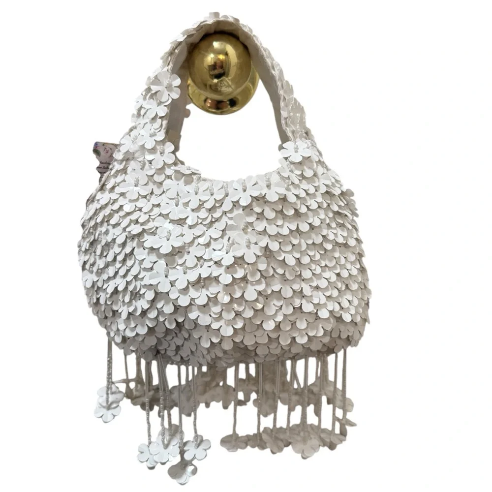 Bridal beaded floral fringe bag white coquette wedding reception purse